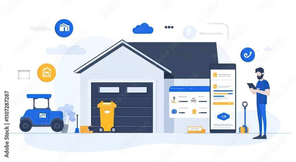Aufkleber illustration of a smart home management system with a garage and mobile app interface.