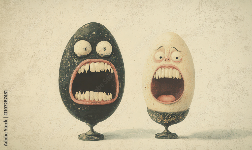 Poster whimsical surreal art: humorous expressionistic eggs with exaggerated faces and quirky charm