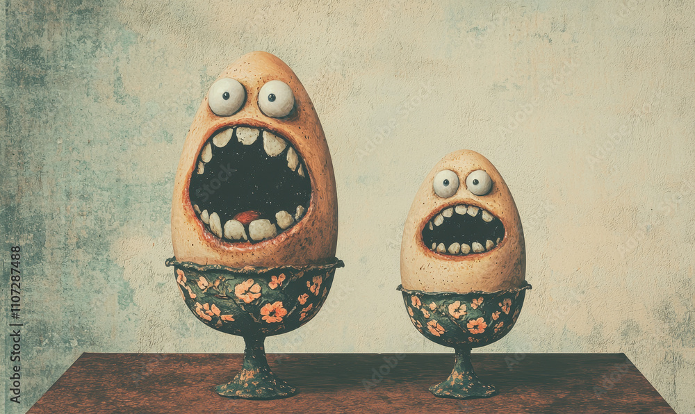 Poster surreal egg characters in ornate cups - a whimsical and humorous conceptual artwork with unique expr