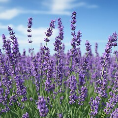 Obraz premium A vibrant field of lavender flowers under a clear blue sky.