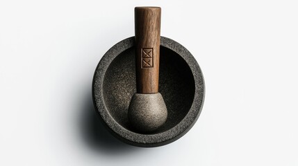 Top view of a stone mortar and pestle with a wooden handle, featuring a simple design engraved on the handle, placed on a white background.