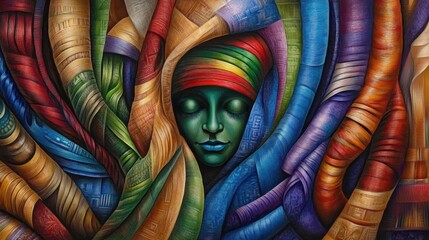 Abstract woman, wrapped in colorful fabric, with calm eyes.