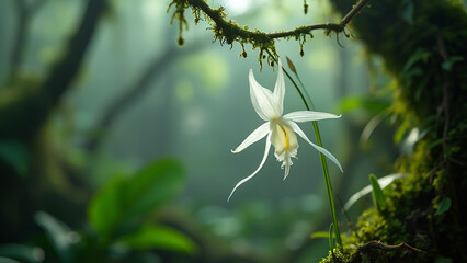 Obraz premium Ghost Orchid Flower in Its Enchanting Forest Habitat, A Rare and Mystical Bloom.