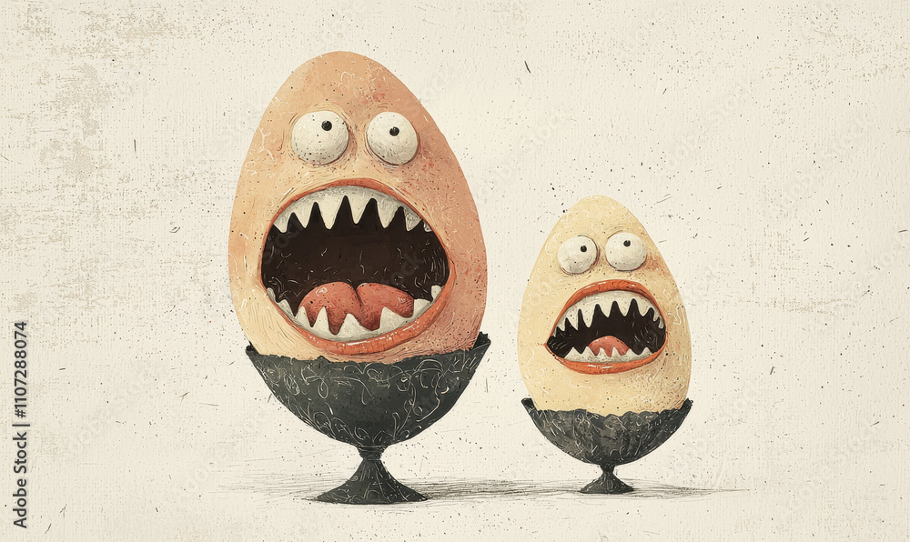 Poster whimsical illustration of monster eggs displaying comical expressions in a surreal art setting