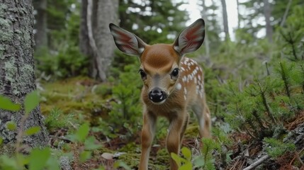 Fototapeta premium Adorable fawn in a forest setting, close-up view of a young deer in its natural habitat.