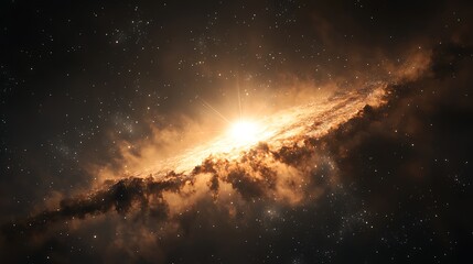 Obraz premium A vibrant depiction of a cosmic scene with a bright star surrounded by swirling gases and dust.