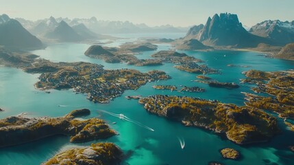 Fototapeta premium Aerial view of a fjord with islands and villages. Turquoise water surrounds the rocky islands and mountains. Sunlight illuminates the scene.