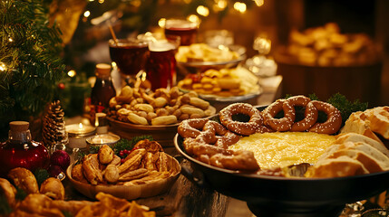 Naklejka premium A Christmas Table with Pretzels, Cheese Fondue, and Festive Treats