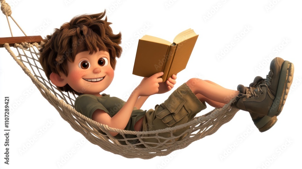 Poster a cheerful boy reading a book while relaxing in a hammock.