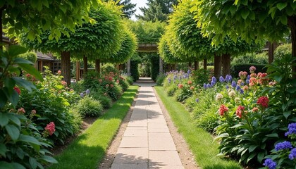 Fototapeta premium Beautiful garden pathway lined with flowers and greenery for vibrant outdoor scenery
