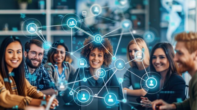 International team of professionals collaborating through digital channels, focusing on customer service, data analysis, and global outsourcing - Powered by Adobe