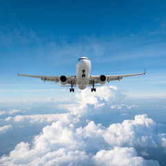 Fototapeta premium Top View of an Airplane Flying in Clear Blue Skies with Landing Gear Down and White Cloudscape Background 