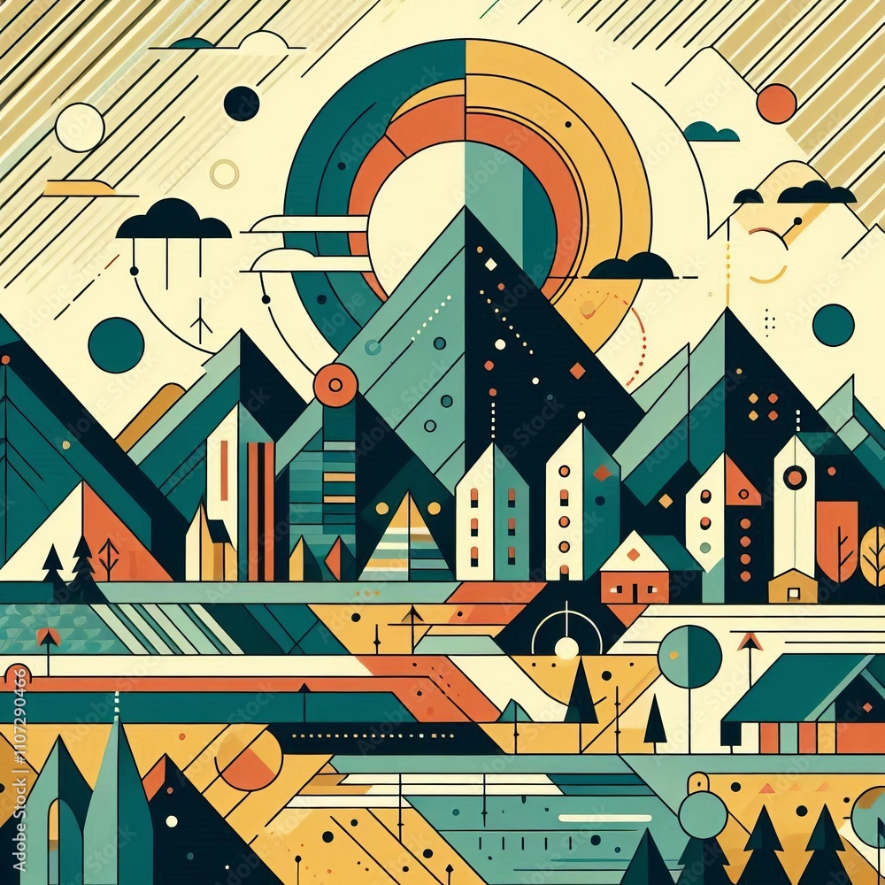 Poster a landscape scene composed of geometric elements like triangular