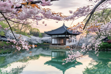 In the spring, Gyeongbokgung Palace in Seoul, South Korea, is surrounded by cherry blossom trees.