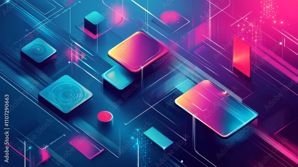 Poster virtual 3d element with circles, hexagons, triangles, lines, squares, rectangles. modern logo in cyb