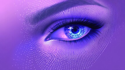 Abstract blue eyes. Tech circles of various sizes in lines and dots, pink glow on a purple gradient background. 