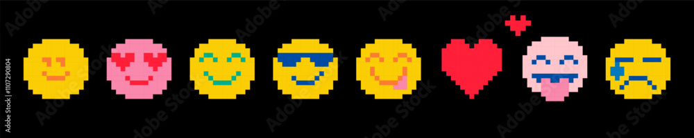 Poster set of emoticons pixel art. cute emoji icon. various faces line pattern. game abstract elements. pix