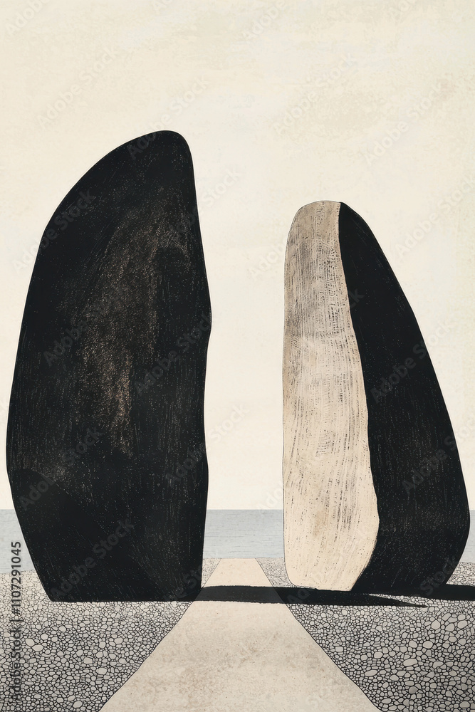 Poster captivating minimalist landscape: abstract stone forms illustrating balance and harmony with texture