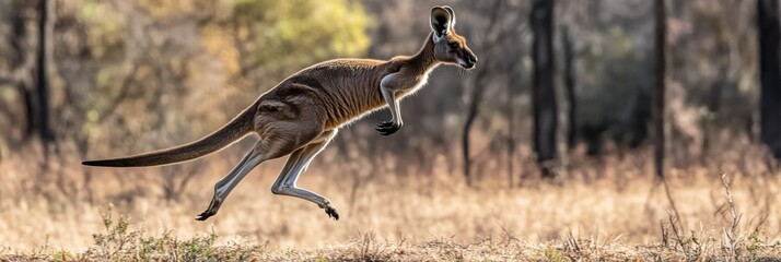 A kangaroo gracefully leaps across a sunlit, grassy landscape in the wild.