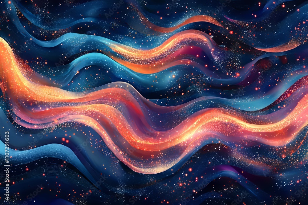 Poster colorful abstract design featuring flowing waves and starry particles in a cosmic setting. generativ