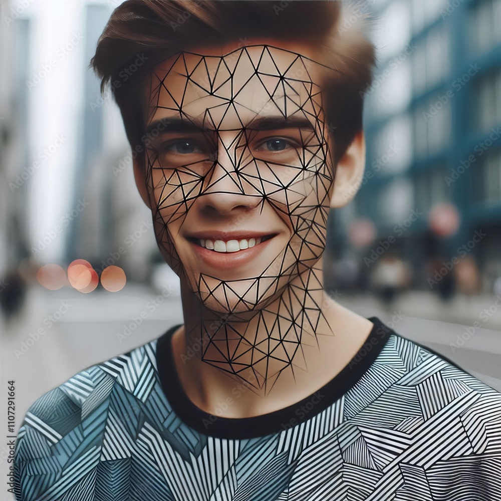 Poster a person with a geometric pattern smiling at the camera