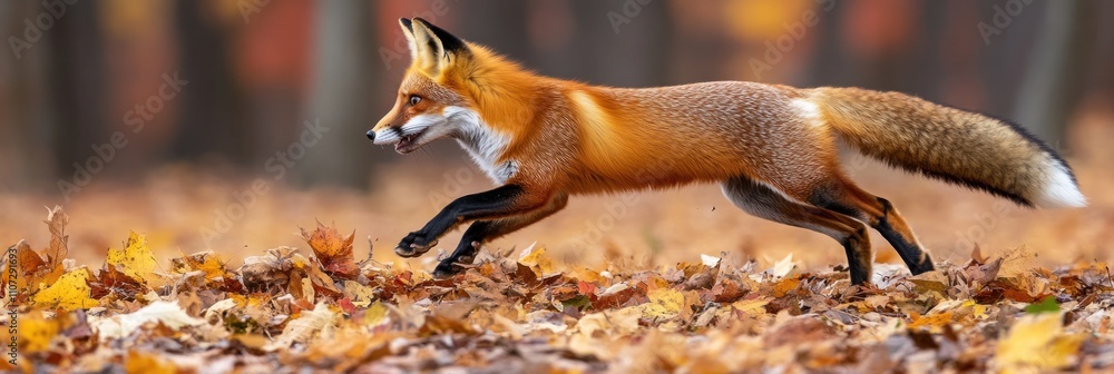 Poster a red fox running through colorful autumn leaves in a forest setting.