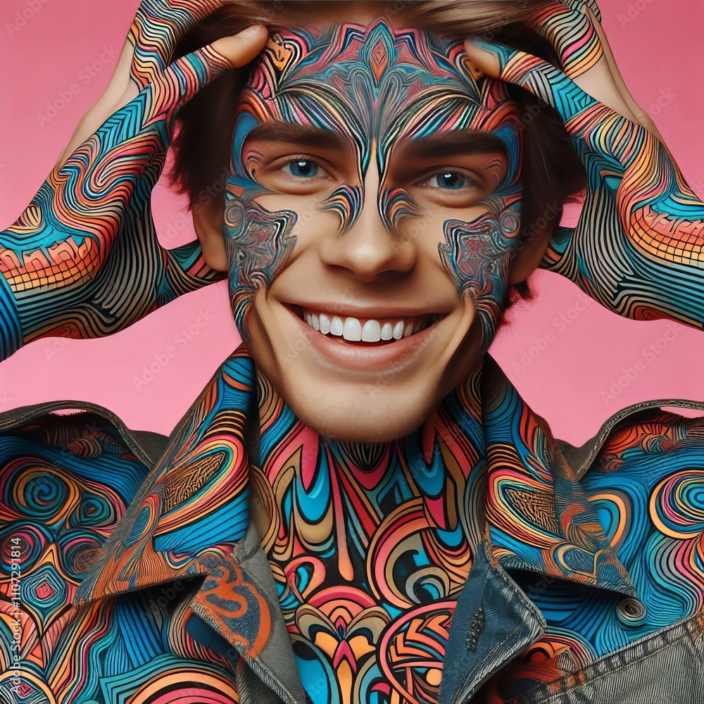 Poster a person with a psychedelic pattern smiling at the camera
