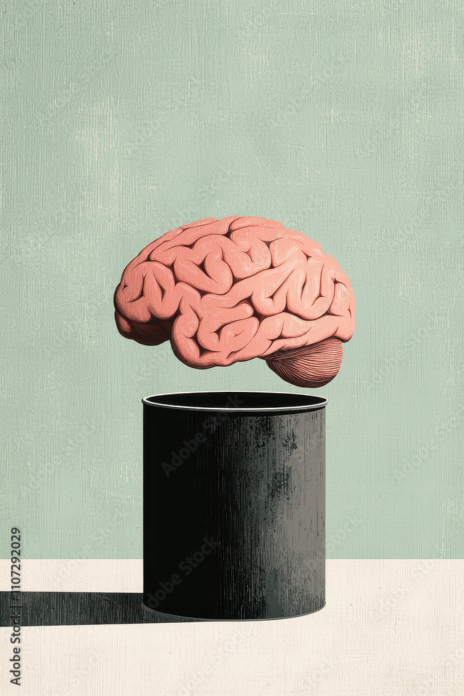 Poster abstract surreal concept of a brain hovering over a cylinder, exploring states of mind and creativit