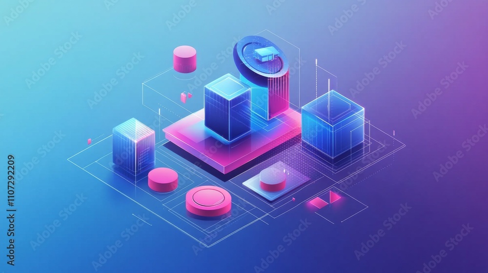 Poster virtual 3d element with circles, hexagons, triangles, lines, squares, rectangles. modern logo in cyb