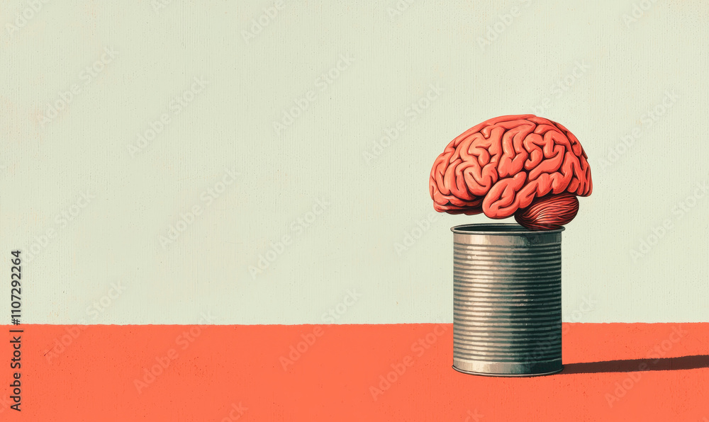 Poster surreal illustration of a brain on a tin can exploring the boundaries of thought and imagination in 