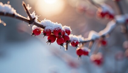Frosted red berries on branch during winter sunset for picturesque nature detail