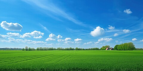 Obraz premium A large field of grass with a blue sky and clouds. The sky is clear and the sun is shining brightly