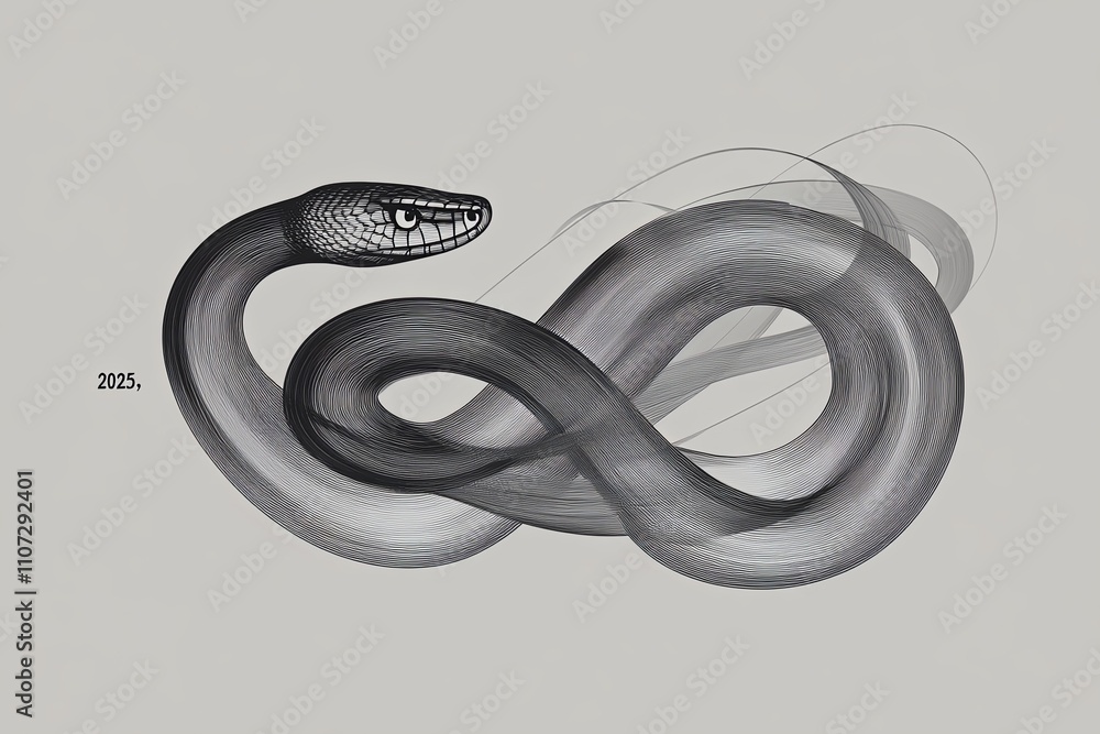 Poster intricate black and white design of a snake with flowing lines representing movement and elegance in