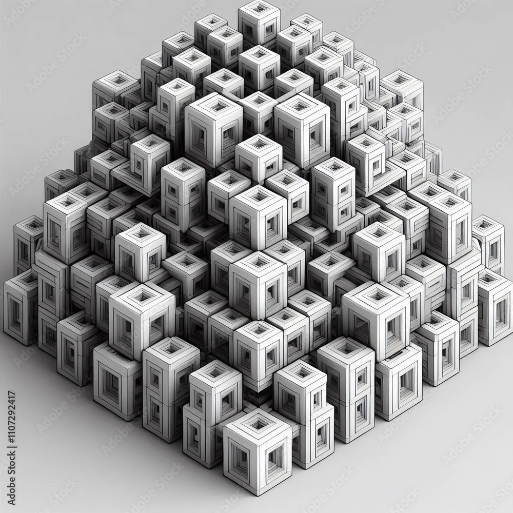 Poster a series of interlocking cubes arranged in a complex geometric p