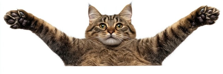 A playful cat with outstretched paws, creating a humorous and inviting expression.