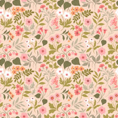 Beautiful floral pattern in small vintage flowers. Small pastel color flowers. Light pink background. Liberty print. Floral seamless background. Vintage template for fashion prints. Stock pattern.