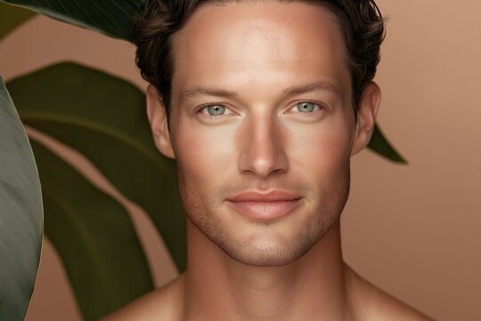 A man with a tan face and green eyes is standing in front of a plant. Concept of natural beauty and simplicity, as the man's features are highlighted against the backdrop of the plant