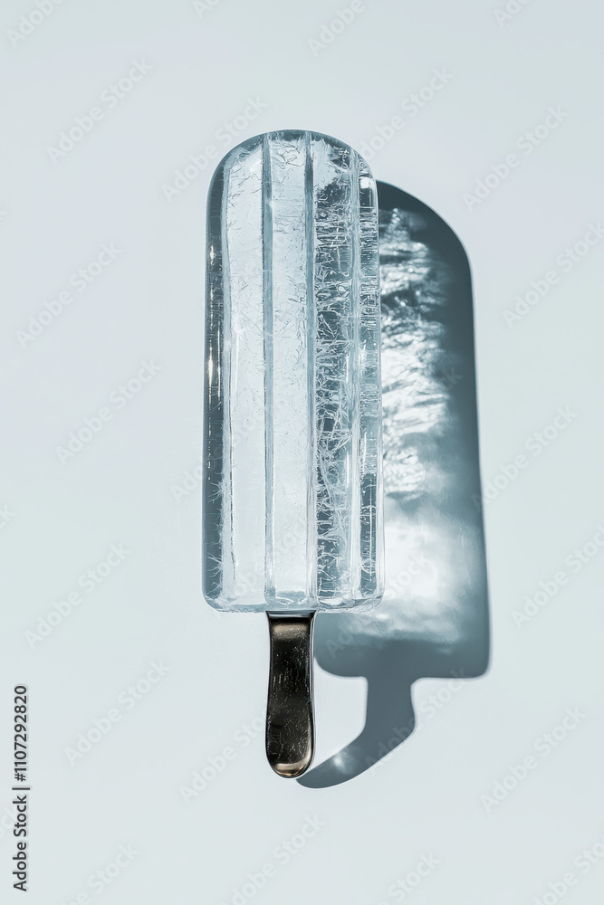 Poster elegant transparent ice popsicle on a stick casting a shadow in minimalist summer refreshment theme 