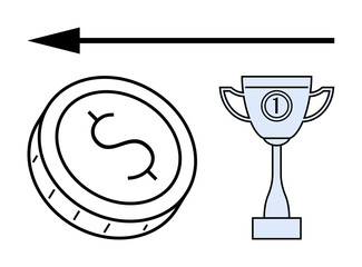 Coin with dollar sign, trophy cup with 1 symbol, and arrow pointing right representing progress. Ideal for finance, achievement, competition, motivation, success, business goals career advancement