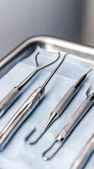 Surgery eyelid rejuvenation concept. A close-up of dental tools arranged on a sterile tray, showcasing precision instruments used in oral examinations and treatments.