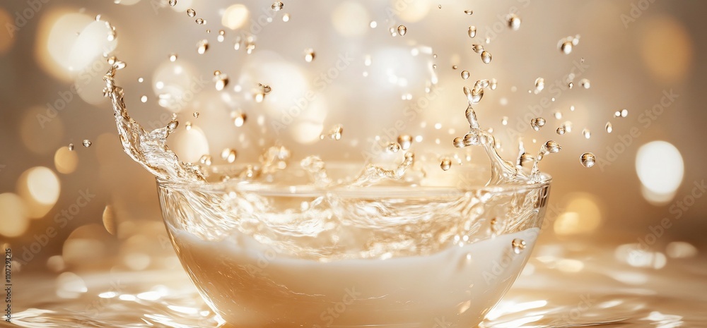 Poster a bowl splashes water, creating dynamic motion with a shimmering background.