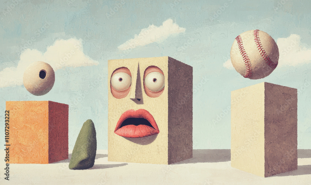 Aufkleber surreal geometric composition: enigmatic faces and floating objects in a dreamlike landscape
