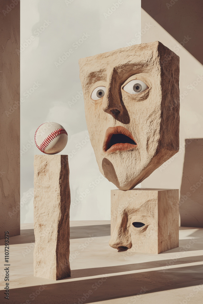 Aufkleber surreal expressionist sculpture: exploring emotions in abstract stone faces and geometric forms in a