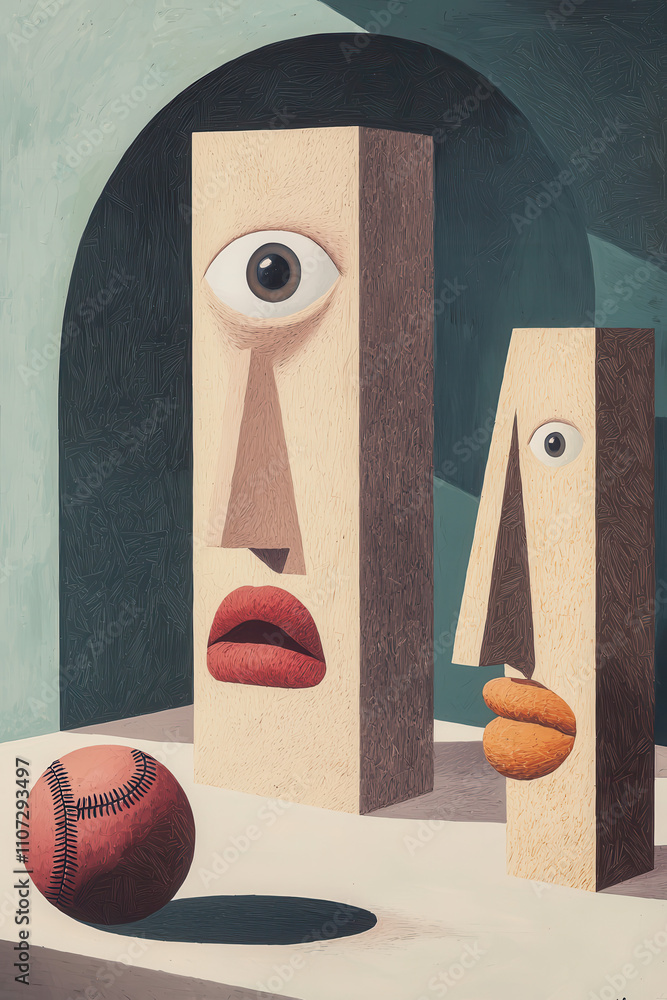 Poster surreal abstract geometric composition of faces and objects - a modern art exploration of perspectiv