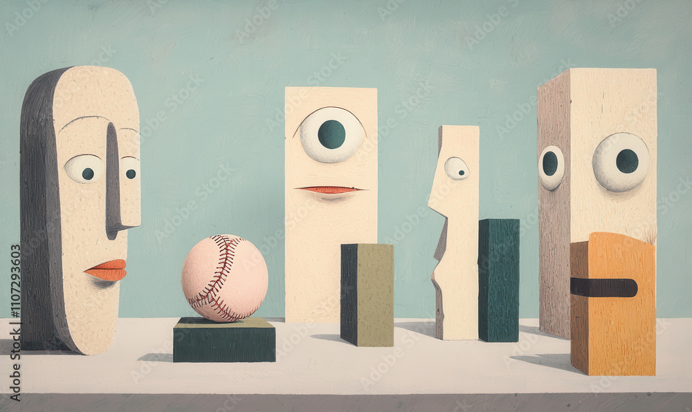 Aufkleber surreal abstract sculptural composition: exploring minimalist faces and geometric forms in a whimsic