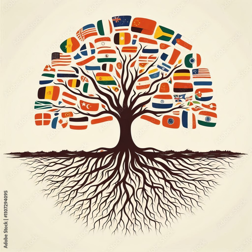 Aufkleber a tree with roots in multiple nations symbolizing shared growth