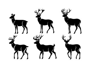 Set of deer silhouette vector, Collection of black silhouettes deers in different poses