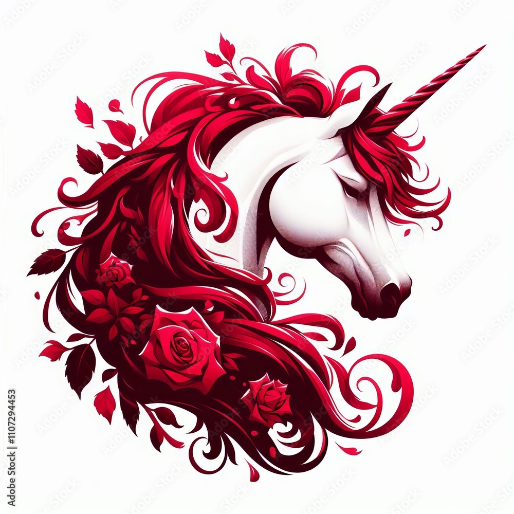 Poster a unicorn with a ruby red coat representing passion and strength