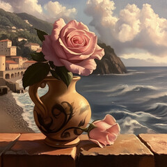 Artistic pink rose in decorative vase by the seaside, serene mood, scenic view, cloudy sky, copy space