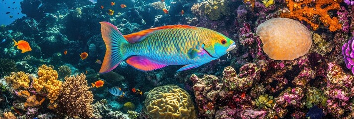 Obraz premium A vibrant underwater scene featuring colorful fish and coral reefs.